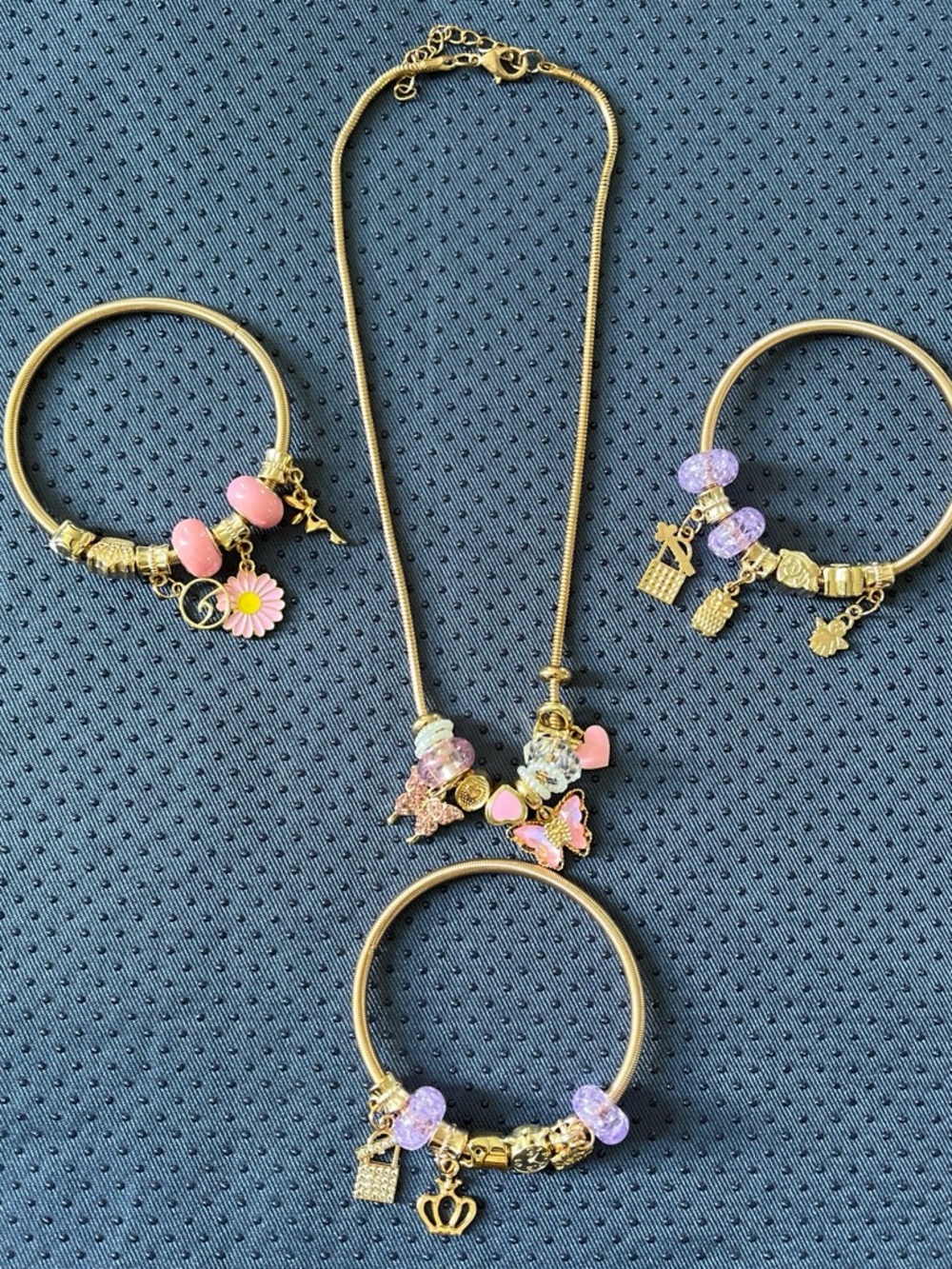Gold-Tone Butterfly & Floral Charm Necklace in Pink and Lavender